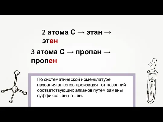 По систематической номенклатуре названия алкенов производят от названий соответствующих алканов путём замены