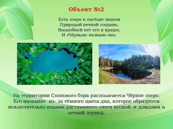 Объект №2 На территории Соснового бора располагается Чёрное озеро. Его название из-