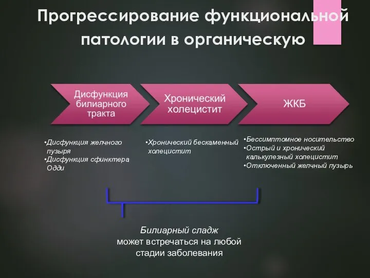 Прогрессирование функциональной патологии в органическую Дисфункция желчного пузыря Дисфункция сфинктера Одди Хронический