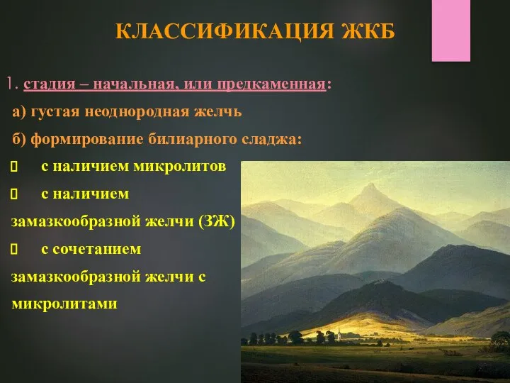 КЛАССИФИКАЦИЯ ЖКБ 1. стадия – начальная, или предкаменная: а) густая неоднородная желчь