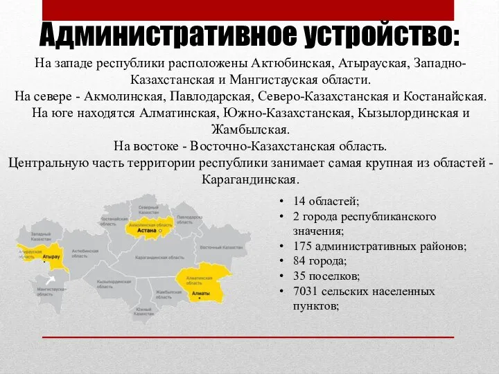 Административное устройство: 14 областей; 2 города республиканского значения; 175 административных районов; 84