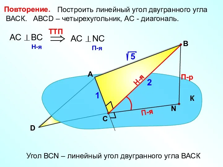 Построить линейный угол двугранного угла ВАСК. АВСD – четырехугольник, АС - диагональ.