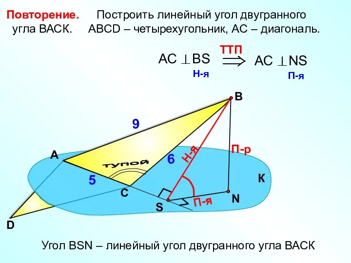 Построить линейный угол двугранного угла ВАСК. АВСD – четырехугольник, АС – диагональ.