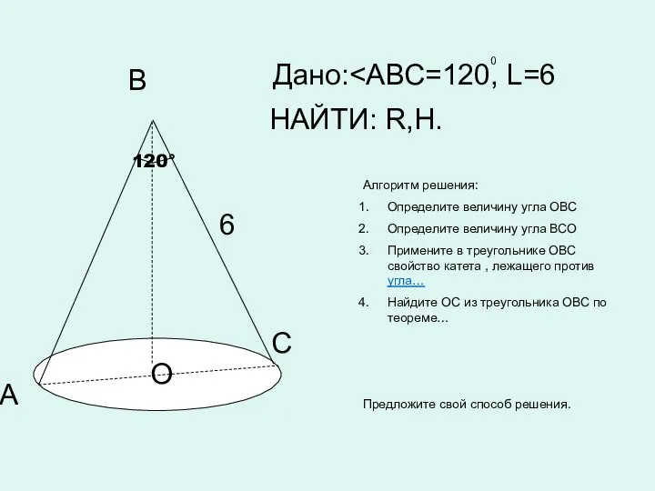 120° В А С О 6 Дано: НАЙТИ: R,H. 0 Алгоритм решения: