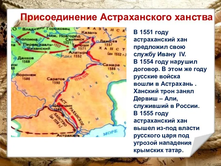 Присоединение Астраханского ханства В 1551 году астраханский хан предложил свою службу Ивану