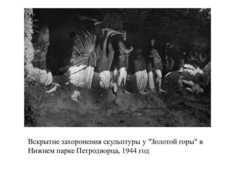 Вскрытие захоронения скульптуры у "Золотой горы" в Нижнем парке Петродворца, 1944 год