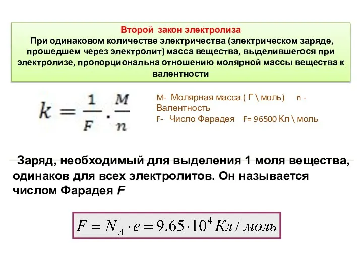 Второй закон электролиза При одинаковом количестве электричества (электрическом заряде, прошедшем через электролит)