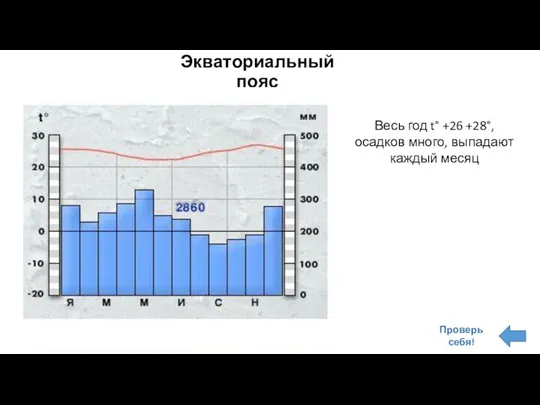 Экваториальный пояс Весь год t° +26 +28°, осадков много, выпадают каждый месяц Проверь себя!