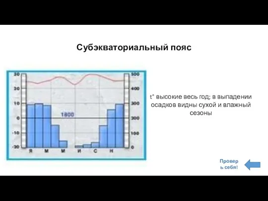 Субэкваториальный пояс t° высокие весь год; в выпадении осадков видны сухой и влажный сезоны Проверь себя!