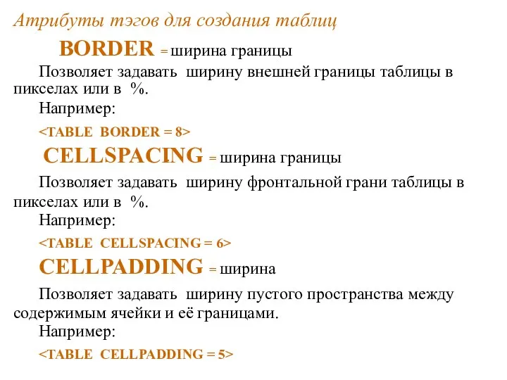 Атрибуты тэгов для создания таблиц BORDER = ширина границы Позволяет задавать ширину