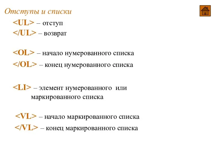 Отступы и списки – отступ – возврат – начало нумерованного списка –