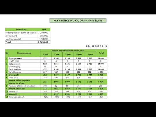 KEY PROJECT INDICATORS – FIRST STAGE P&L REPORT, EUR