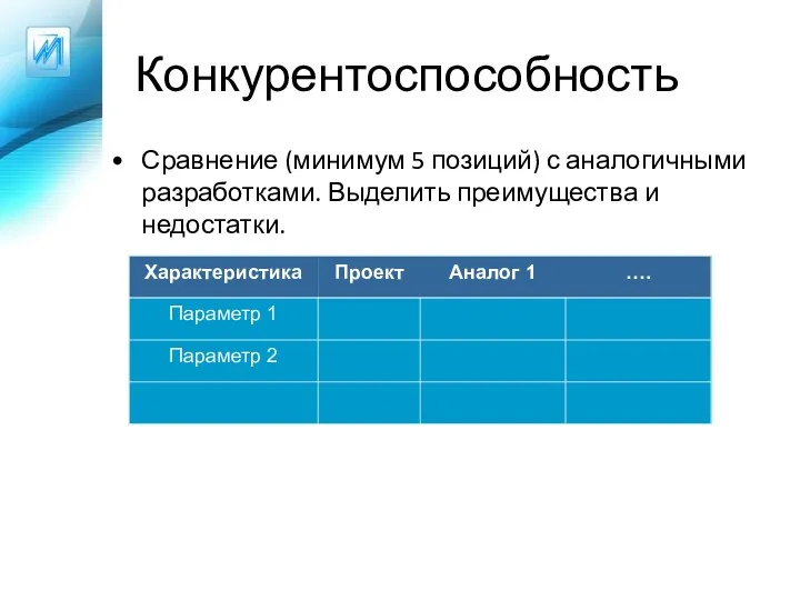 Конкурентоспособность Сравнение (минимум 5 позиций) с аналогичными разработками. Выделить преимущества и недостатки.