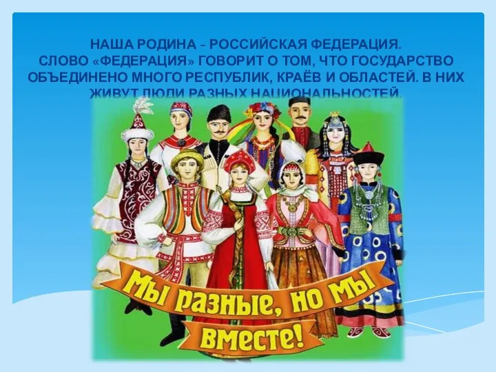 НАША РОДИНА - РОССИЙСКАЯ ФЕДЕРАЦИЯ. СЛОВО «ФЕДЕРАЦИЯ» ГОВОРИТ О ТОМ, ЧТО ГОСУДАРСТВО