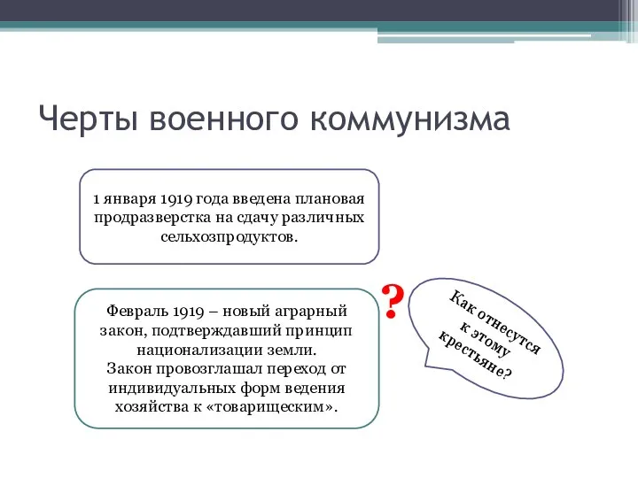 Черты военного коммунизма 1 января 1919 года введена плановая продразверстка на сдачу