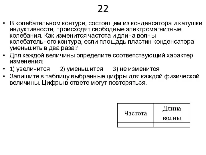 22 В колебательном контуре, состоящем из конденсатора и катушки индуктивности, происходят свободные