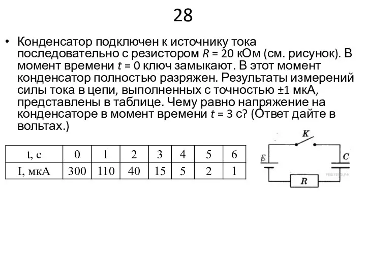 28 Конденсатор подключен к источнику тока последовательно с резистором R = 20