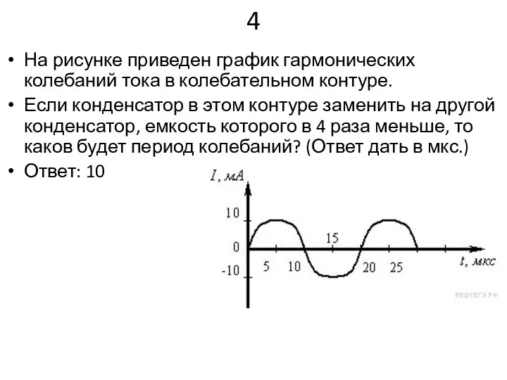 4 На рисунке приведен график гармонических колебаний тока в колебательном контуре. Если