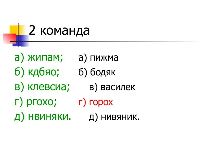 2 команда а) жипам; а) пижма б) кдбяо; б) бодяк в) клевсиа;