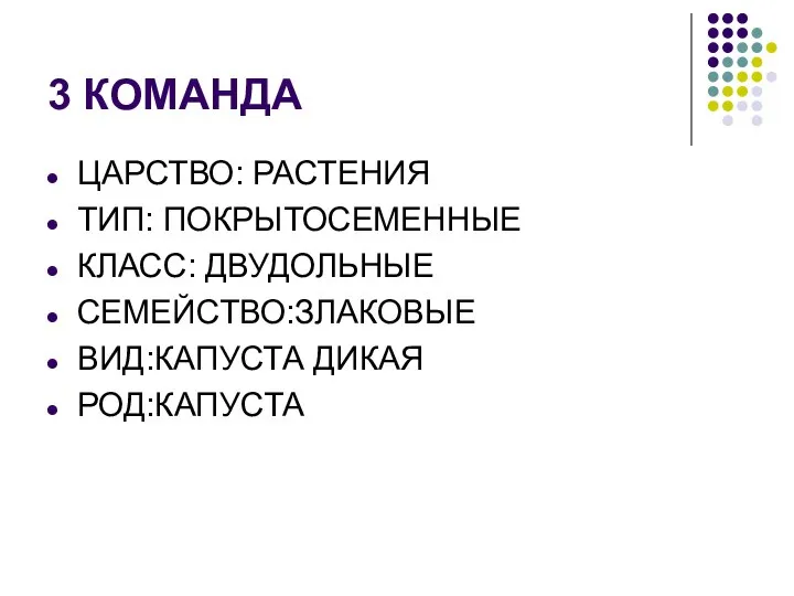 3 КОМАНДА ЦАРСТВО: РАСТЕНИЯ ТИП: ПОКРЫТОСЕМЕННЫЕ КЛАСС: ДВУДОЛЬНЫЕ СЕМЕЙСТВО:ЗЛАКОВЫЕ ВИД:КАПУСТА ДИКАЯ РОД:КАПУСТА