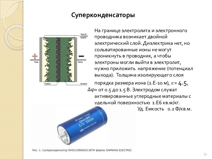 Суперконденсаторы На границе электролита и электронного проводника возникает двойной электрический слой. Диэлектрика