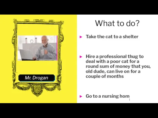 Mr. Drogan What to do? Take the cat to a shelter Hire