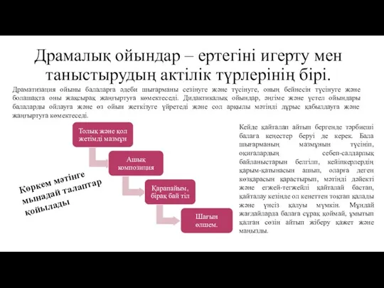 Драмалық ойындар – ертегіні игерту мен таныстырудың актілік түрлерінің бірі. Драматизация ойыны