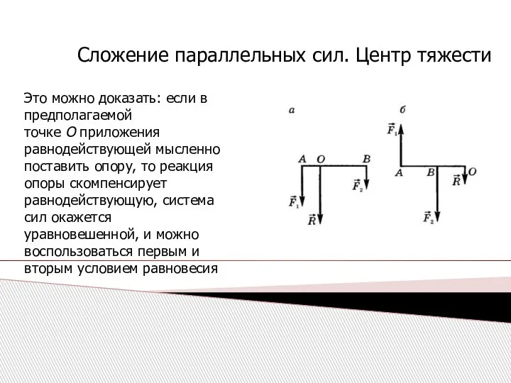 Сложение параллельных сил. Центр тяжести Это можно доказать: если в предполагаемой точке