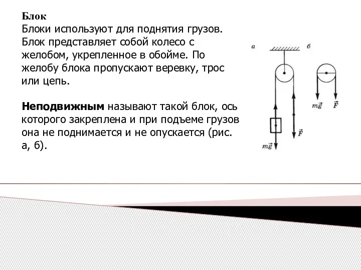 Блок Блоки используют для поднятия грузов. Блок представляет собой колесо с желобом,