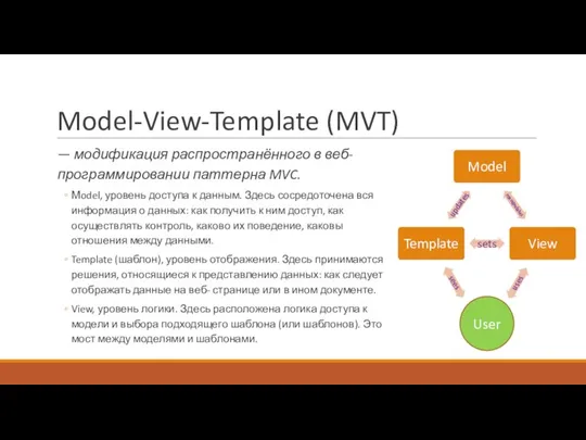 Model-View-Template (MVT) — модификация распространённого в веб-программировании паттерна MVC. Мodel, уровень доступа