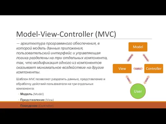 Model-View-Controller (MVC) — архитектура программного обеспечения, в которой модель данных приложения, пользовательский