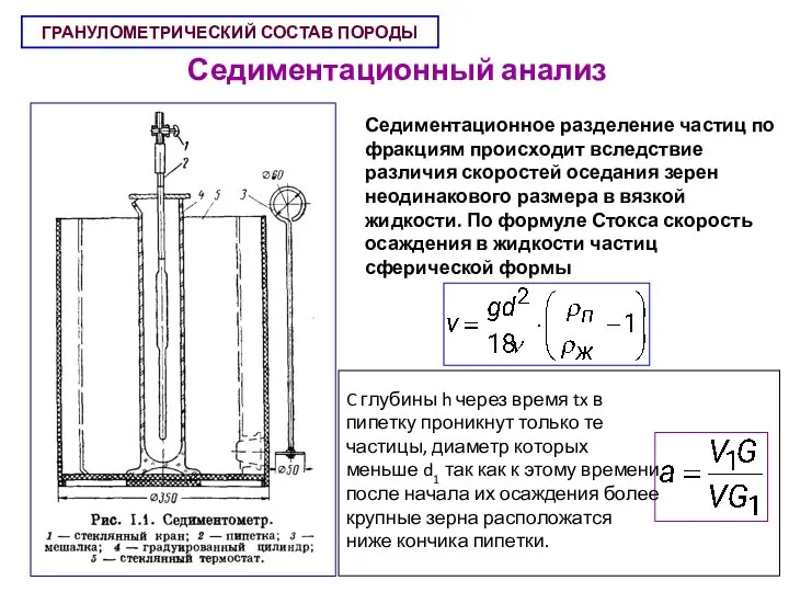 ГРАНУЛОМЕТРИЧЕСКИЙ СОСТАВ ПОРОДЫ Седиментационный анализ Седиментационное разделение частиц по фракциям происходит вследствие