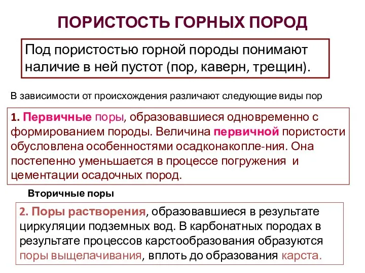 ПОРИСТОСТЬ ГОРНЫХ ПОРОД Под пористостью горной породы понимают наличие в ней пустот