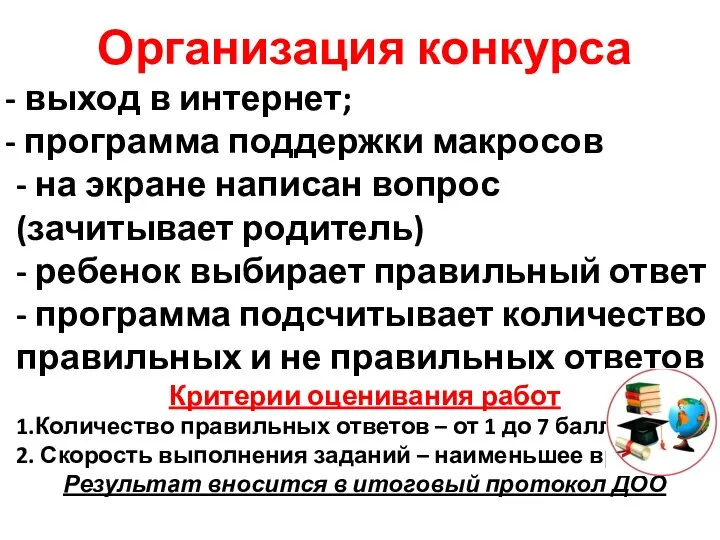 Организация конкурса выход в интернет; программа поддержки макросов - на экране написан