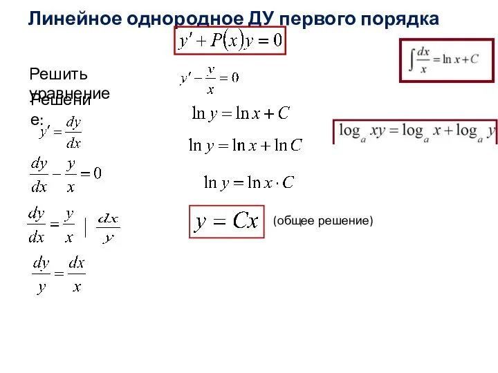 Решить уравнение (общее решение) Линейное однородное ДУ первого порядка Решение: