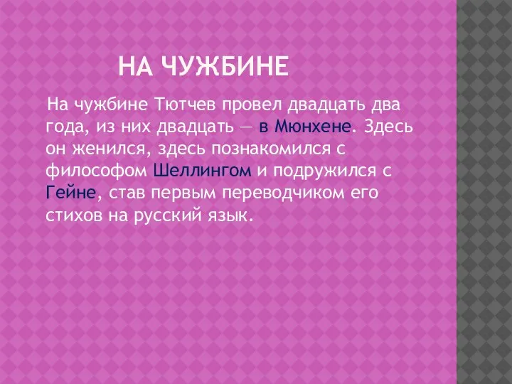 НА ЧУЖБИНЕ На чужбине Тютчев провел двадцать два года, из них двадцать