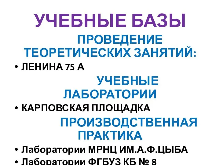 УЧЕБНЫЕ БАЗЫ ПРОВЕДЕНИЕ ТЕОРЕТИЧЕСКИХ ЗАНЯТИЙ: ЛЕНИНА 75 А УЧЕБНЫЕ ЛАБОРАТОРИИ КАРПОВСКАЯ ПЛОЩАДКА