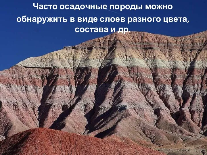 Часто осадочные породы можно обнаружить в виде слоев разного цвета, состава и др.