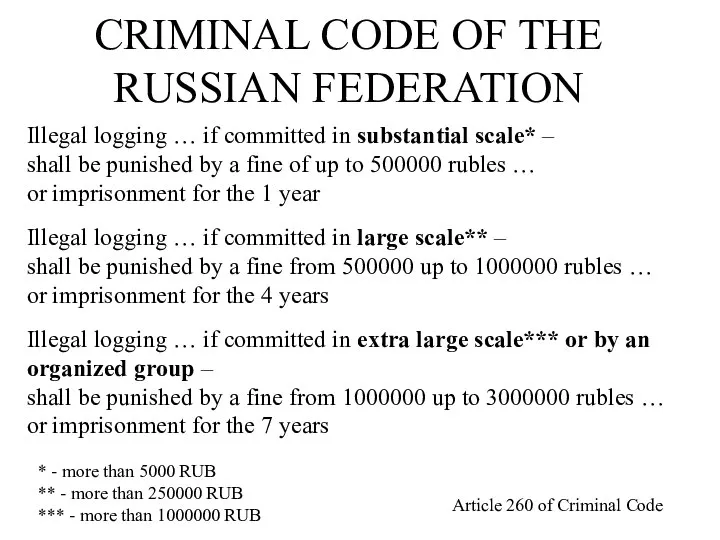 CRIMINAL CODE OF THE RUSSIAN FEDERATION Illegal logging … if committed in