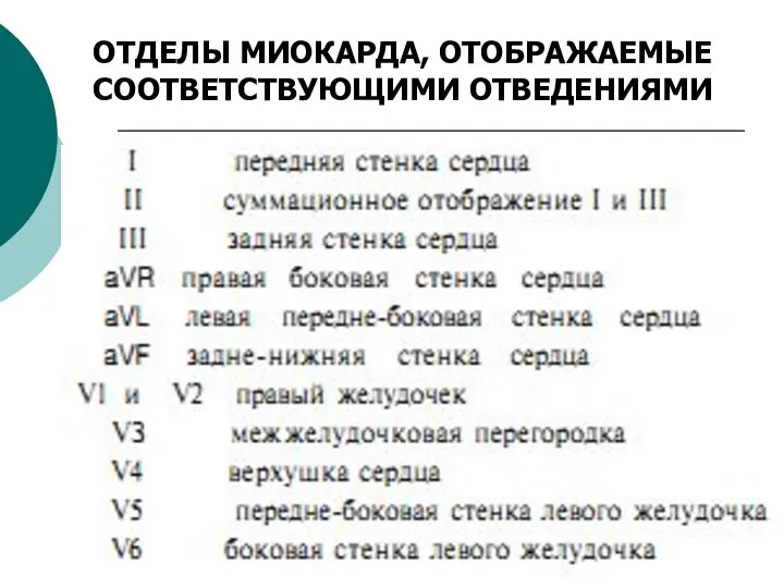 ОТДЕЛЫ МИОКАРДА, ОТОБРАЖАЕМЫЕ СООТВЕТСТВУЮЩИМИ ОТВЕДЕНИЯМИ