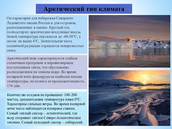 Арктический тип климата Он характерен для побережья Северного Ледовитого океана России и