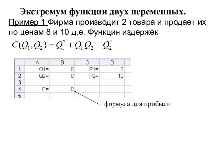 Экстремум функции двух переменных. Пример 1 Фирма производит 2 товара и продает