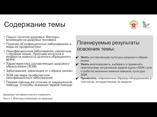 Содержание темы Смысл понятия здоровья. Факторы, влияющие на здоровье человека Понятие об