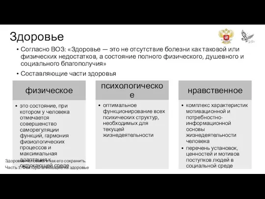 Здоровье Согласно ВОЗ: «Здоровье — это не отсутствие болезни как таковой или