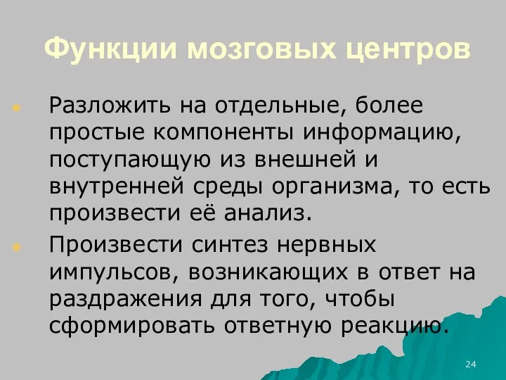 Функции мозговых центров Разложить на отдельные, более простые компоненты информацию, поступающую из