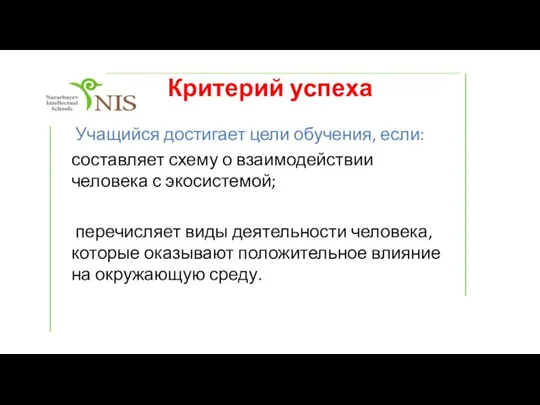 Критерий успеха Учащийся достигает цели обучения, если: составляет схему о взаимодействии человека