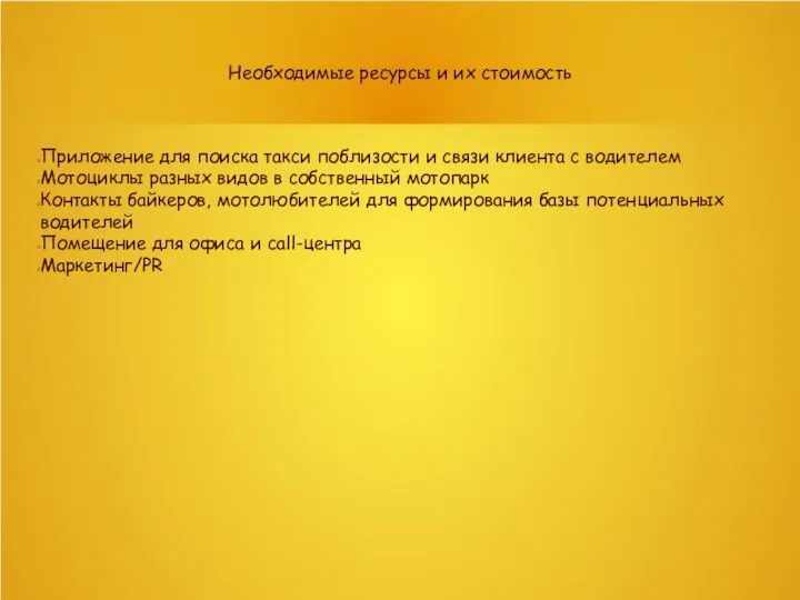 Необходимые ресурсы и их стоимость Приложение для поиска такси поблизости и связи