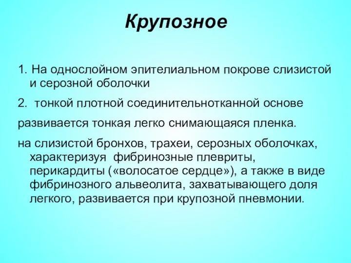 Крупозное 1. На однослойном эпителиальном покрове слизистой и серозной оболочки 2. тонкой