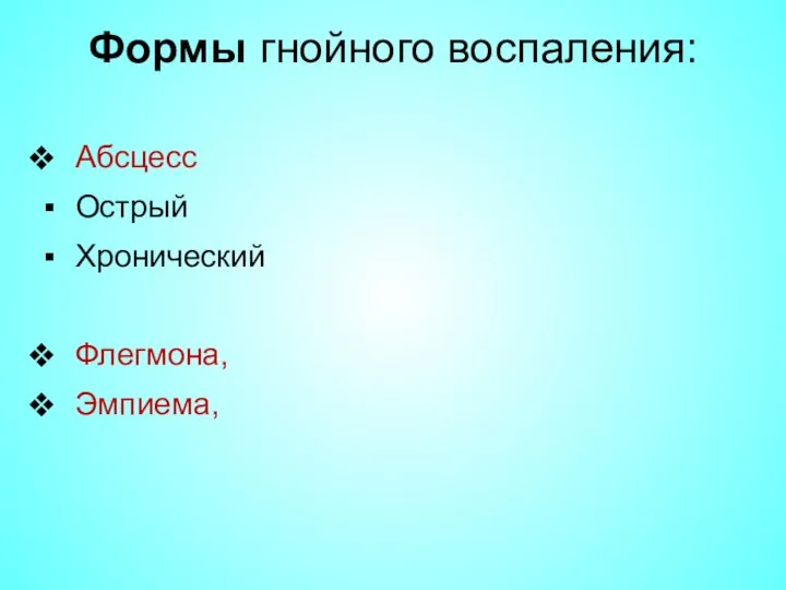 Формы гнойного воспаления: Абсцесс Острый Хронический Флегмона, Эмпиема,