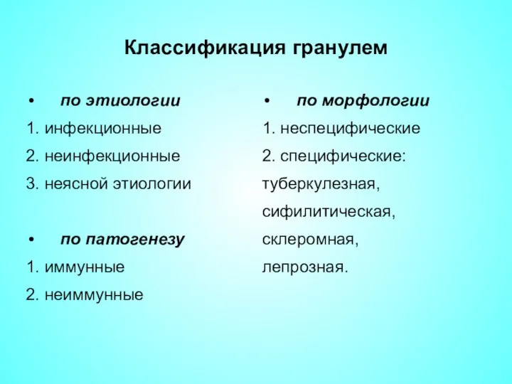 Классификация гранулем по этиологии 1. инфекционные 2. неинфекционные 3. неясной этиологии по